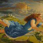 Young Woman in Blue Dress Soars over Fantastical Landscape