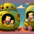 Surreal Artwork: Babies in Oversized Space Helmets with Squirrel