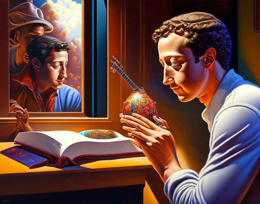 Stylized painting of man with ornate egg, book, and reflection