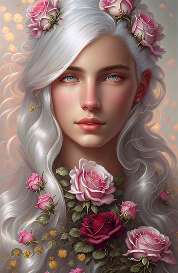 White hair and roses.