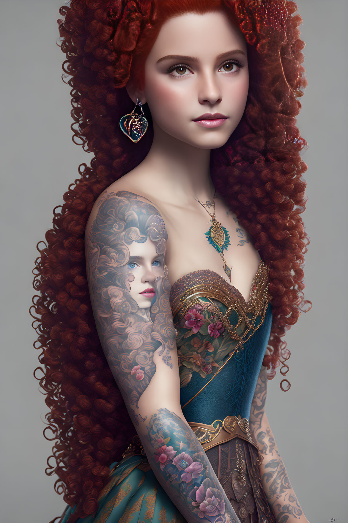 Digital artwork featuring woman with voluminous red curly hair, tattoos, teal and gold dress