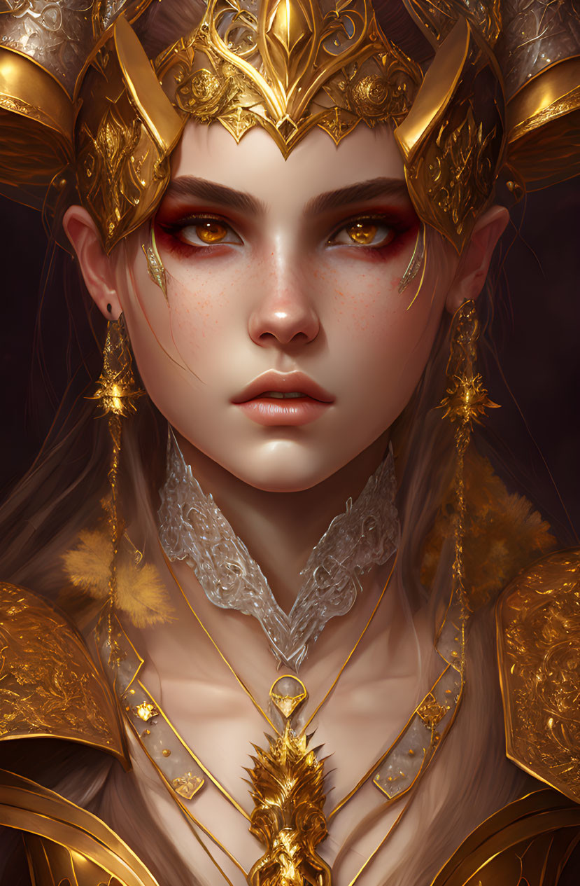 female vampire with a gold crown and armor