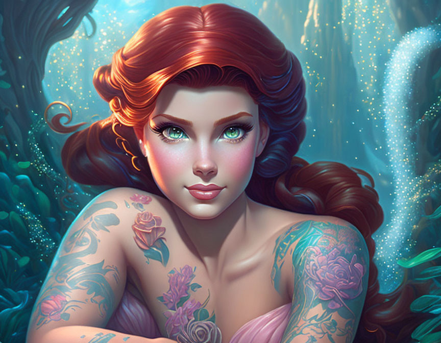 Vibrant digital illustration of woman with red hair and green eyes