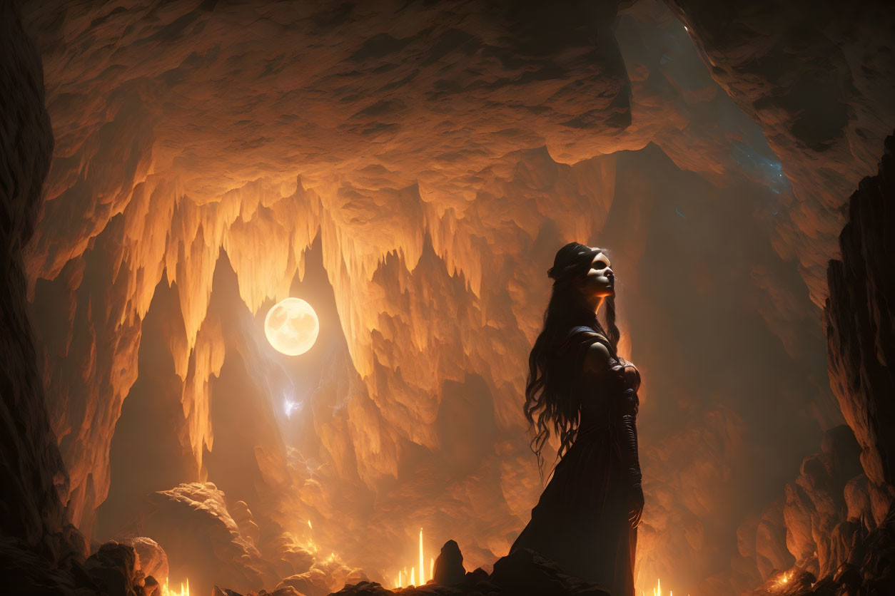  Evil witch in a moonlit cave conjuring rune magic