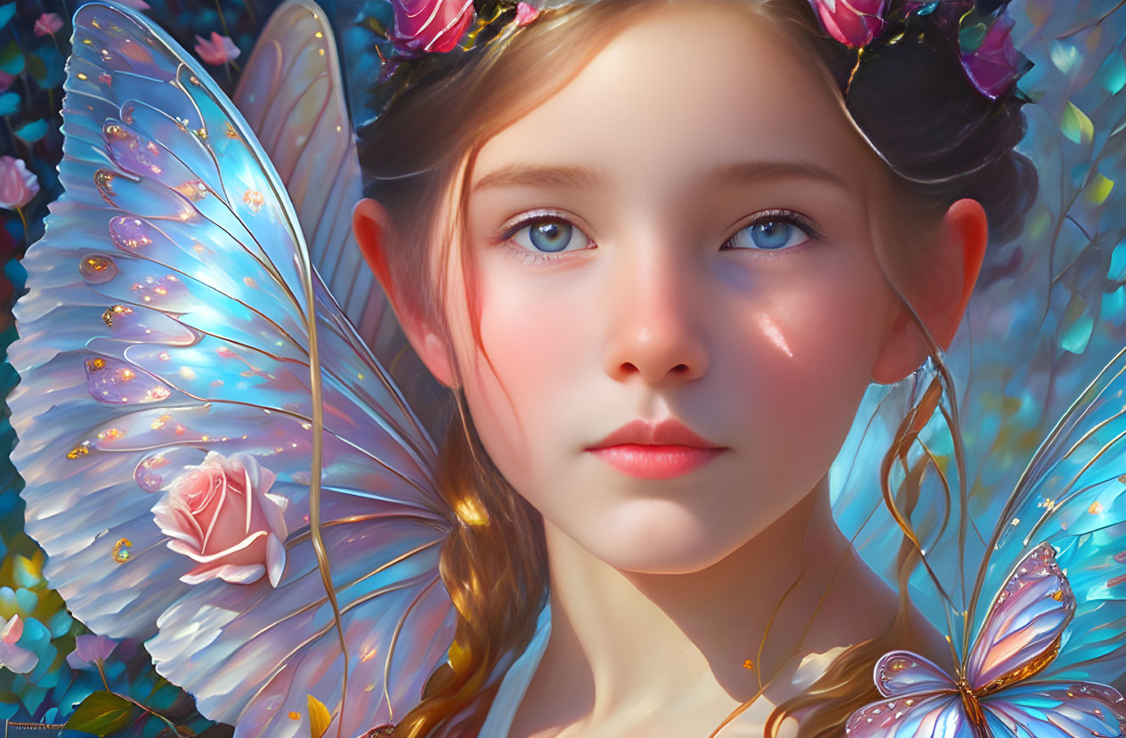 Digital Art: Young Girl with Fairy Features and Floral Crown
