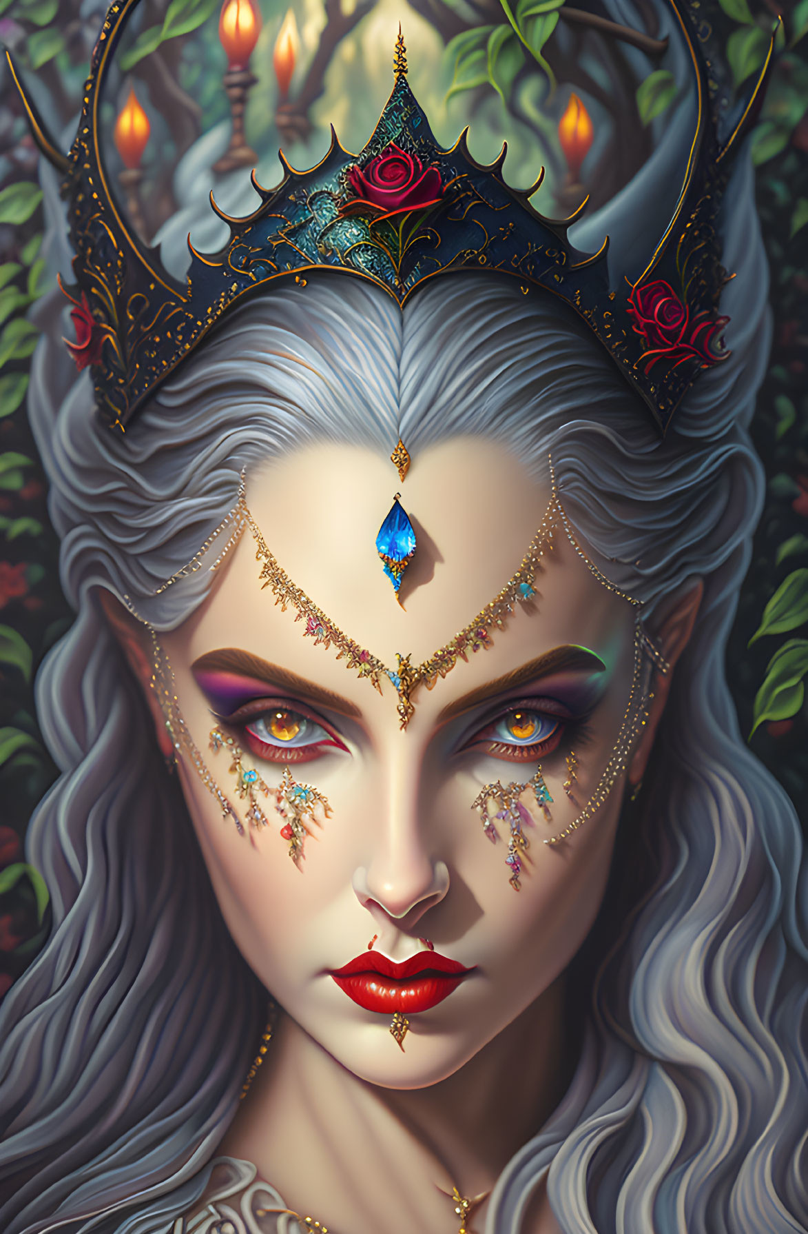 Regal woman with white hair, crown, red eyes, gold jewelry, blue gemstone
