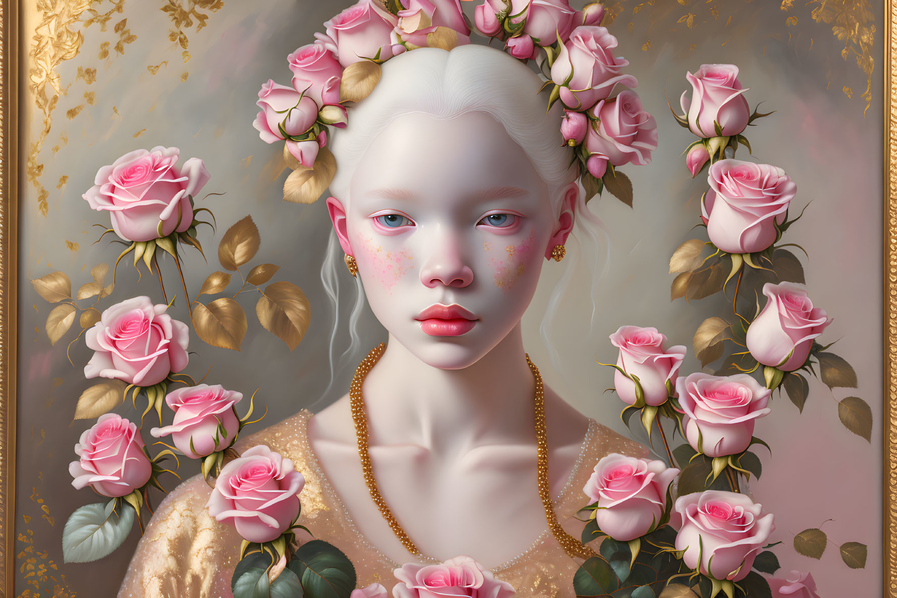  old oil painting of 19y/o albino female with pink