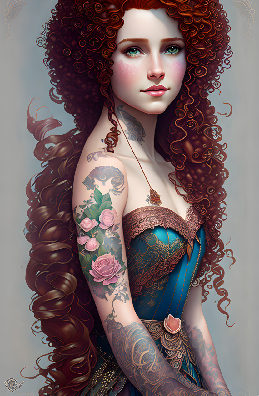 Illustrated woman with red curly hair, blue eyes, tattoos, and blue corset.