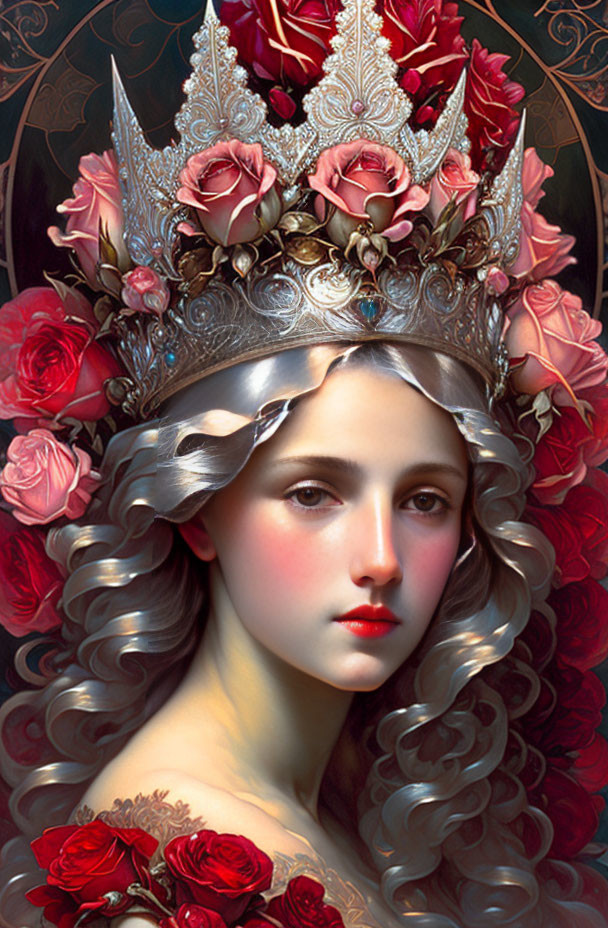 Portrait of Woman with Crown and Floral Background