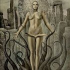 Eerie digital artwork: ornate figures with tentacle-like adornments