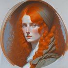 Detailed Painting of Woman with Red Hair and White Flower in Ornate Oval Frame