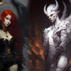 Majestic fantasy characters with angelic wings and fiery elements