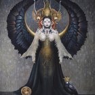 Mystical woman in dark robes with golden armor, crows, wings, and nest.