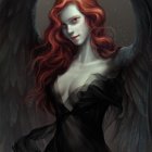 Digital Artwork: Woman with Red Hair, Black Armor, Gold Accents, Dark Angel Wings