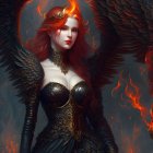 Fantasy illustration of female character with red hair, flaming horns, green armor, and dark wings against