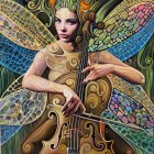 Ethereal fairy playing cello surrounded by flowers and butterflies