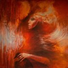 Fantasy illustration of red-haired woman with wings and crow in fiery setting