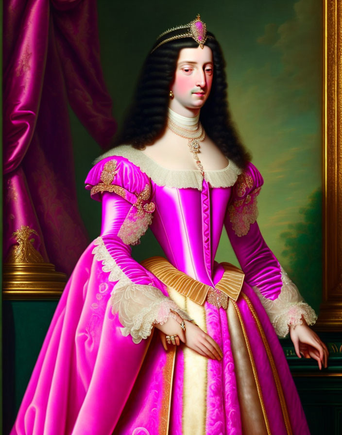 Portrait of Woman in Royal Purple and Gold Dress with Elaborate Hairstyle