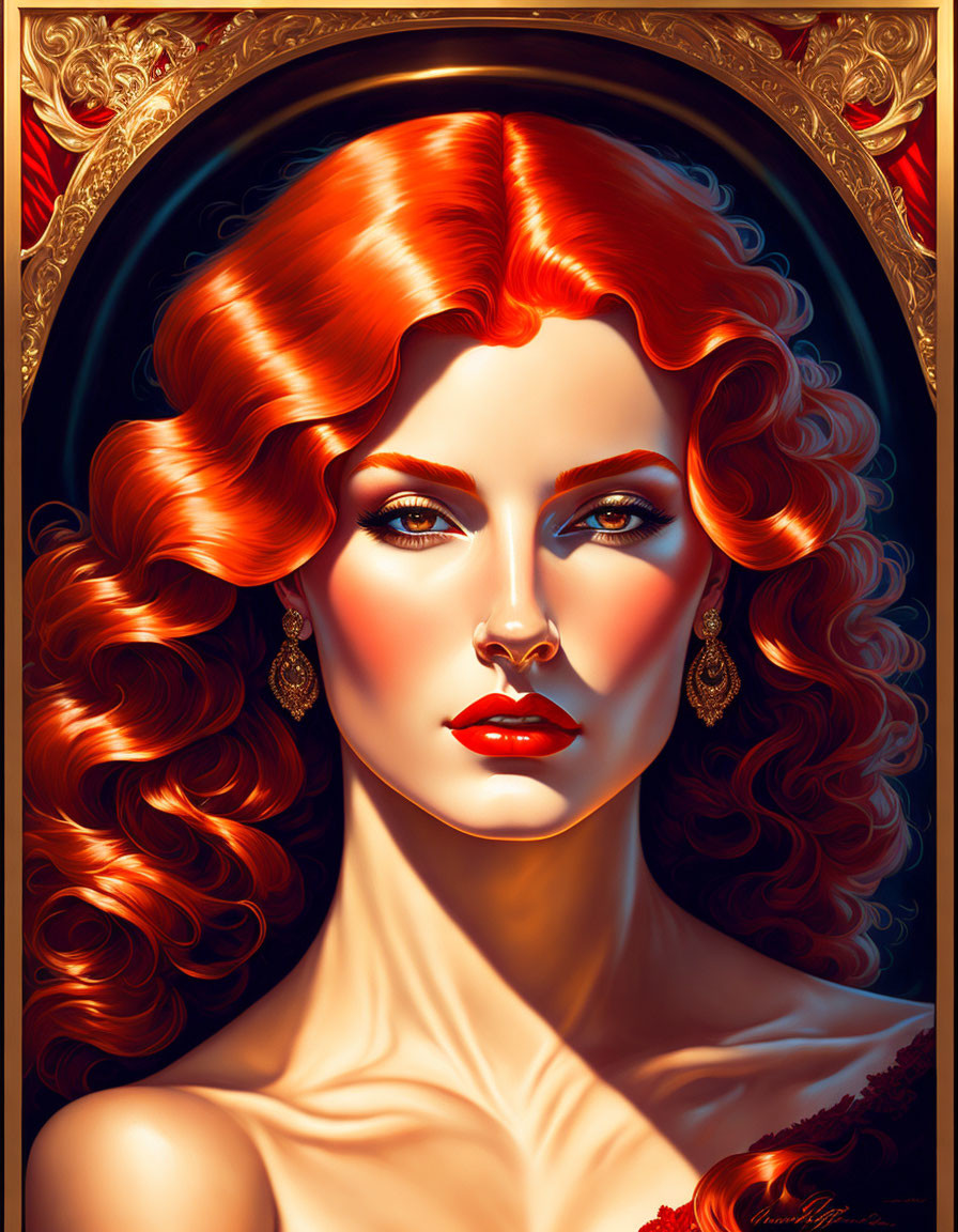 Portrait of a Woman with Red Hair and Blue Eyes in Ornate Frame