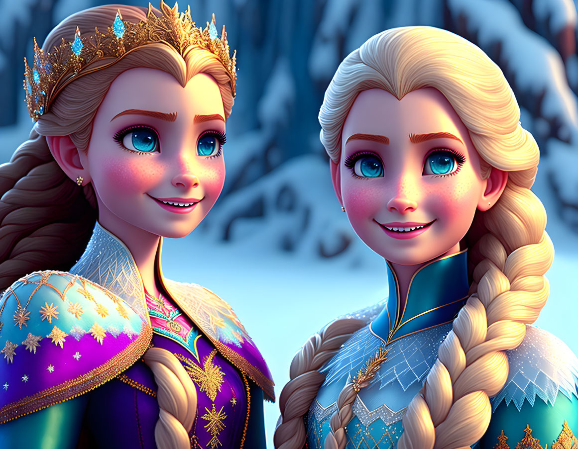 Braided hair princesses in regal attire pose in snowy forest