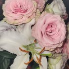Pink Roses and White Lilies Bouquet on Neutral Background