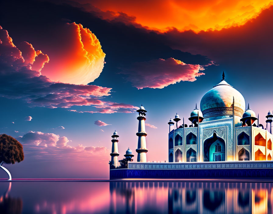 Taj Mahal at Sunset with Crescent Moon and Silhouette Tree