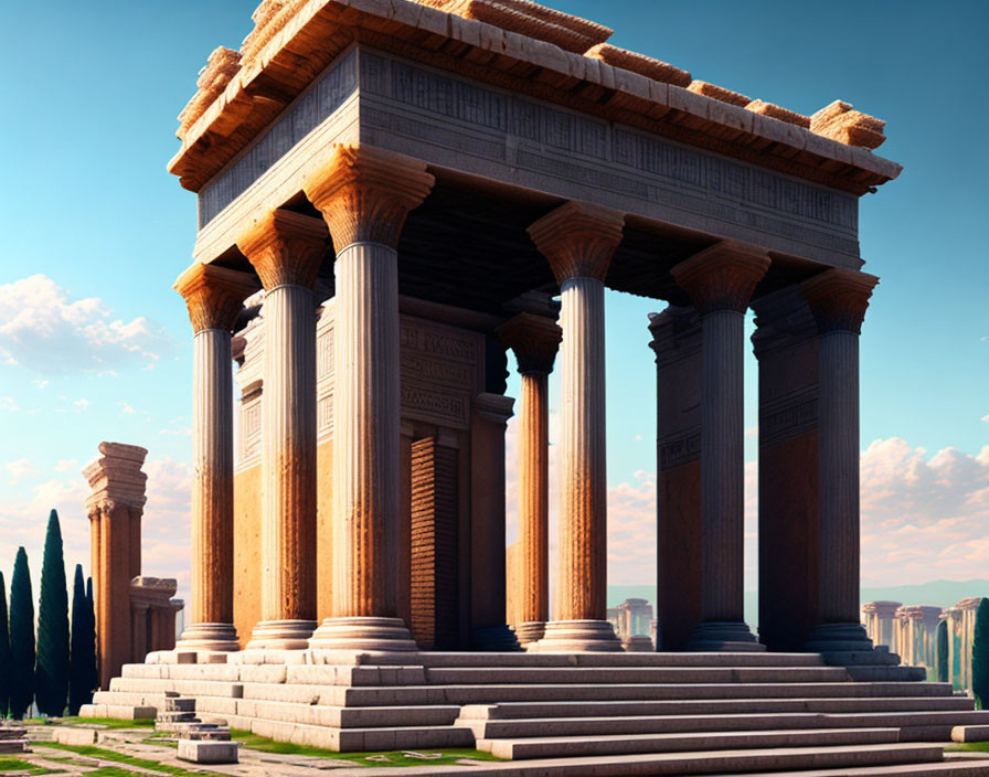 Ancient Greco-Roman Style Temple with Corinthian Columns in 3D Render