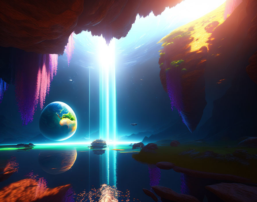 Surreal sci-fi landscape with cavern, reflective water, light beam, alien planets, and rock