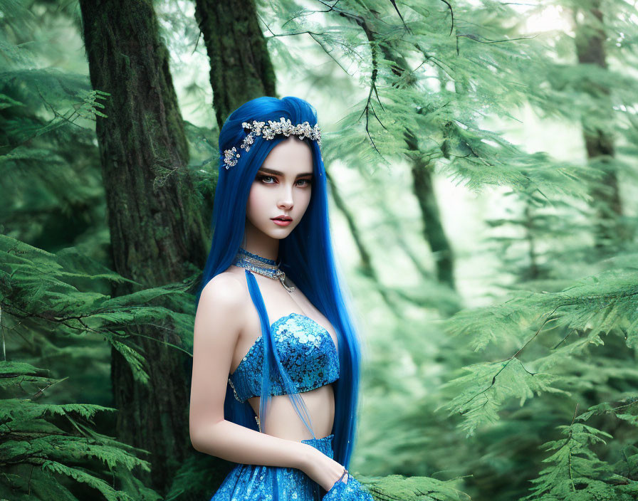 Woman with Vibrant Blue Hair in Blue Dress Standing in Lush Green Forest