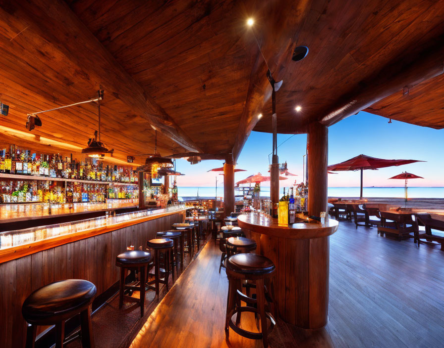 Wooden Beach Bar Interior with Stools, Bar Counter, Bottles Shelves, Ocean Views