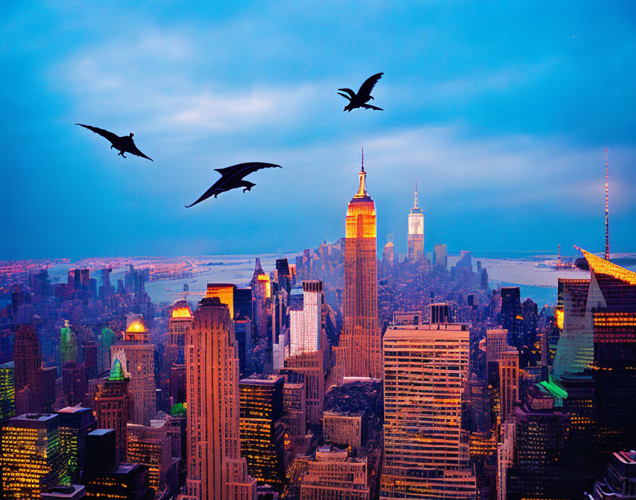 Pterosaurs flying over modern cityscape at dusk