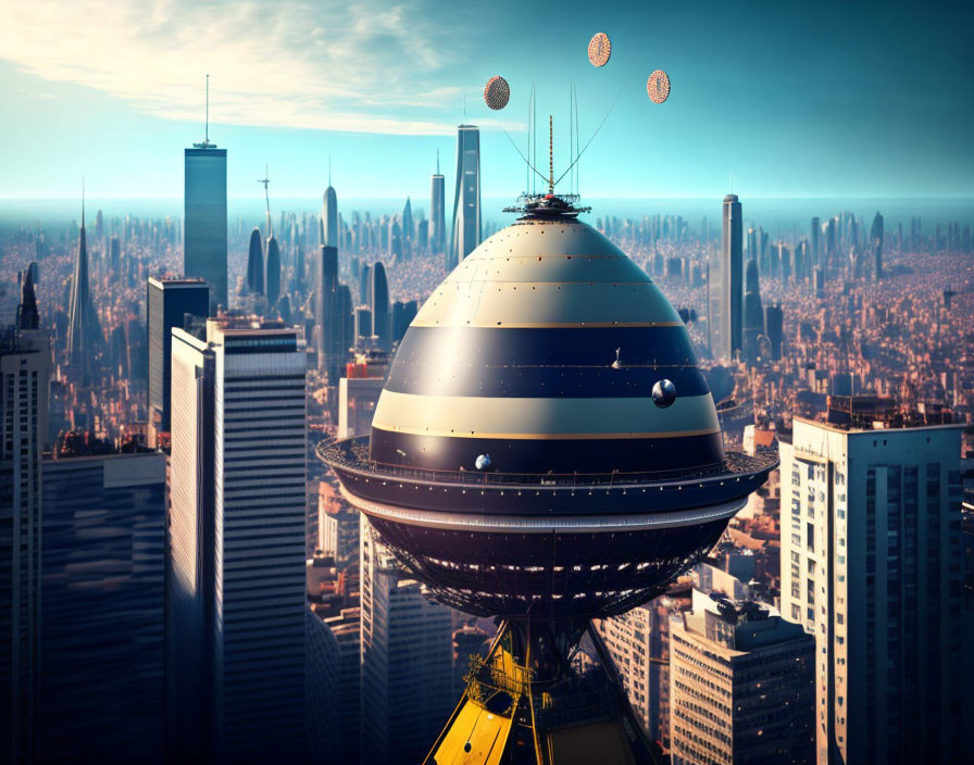 Futuristic spherical structure in urban skyline with flying discs