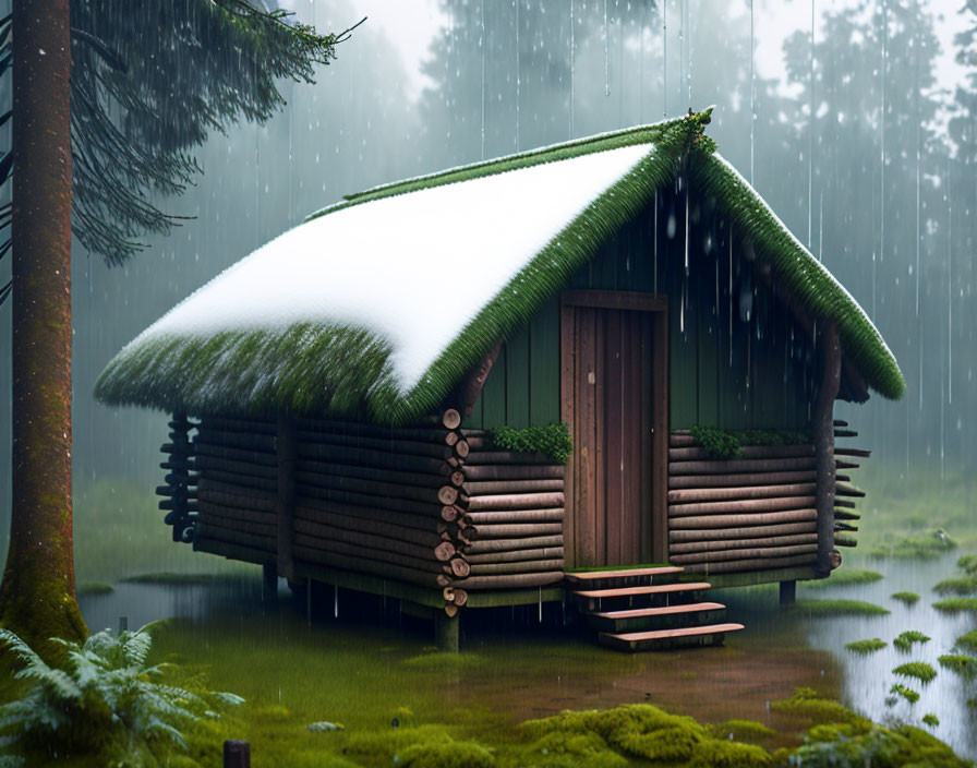 Snow-covered wooden cabin in misty forest rainfall