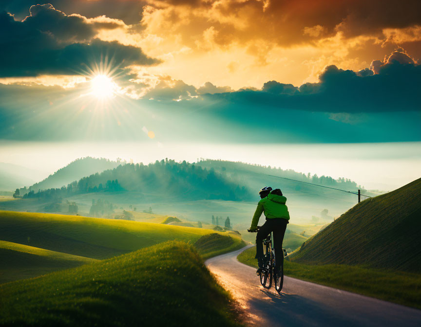 Cyclist riding on winding road at sunset amid rolling hills