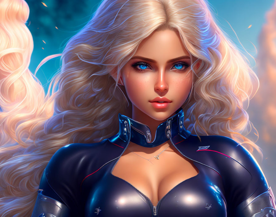 Blonde woman in futuristic suit with blue eyes and glowing accents