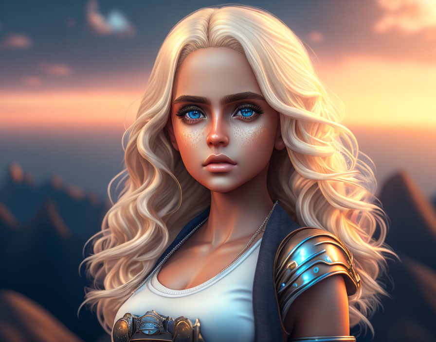 Fantasy female warrior digital art portrait with platinum blonde hair and blue eyes in metallic shoulder armor against sunset