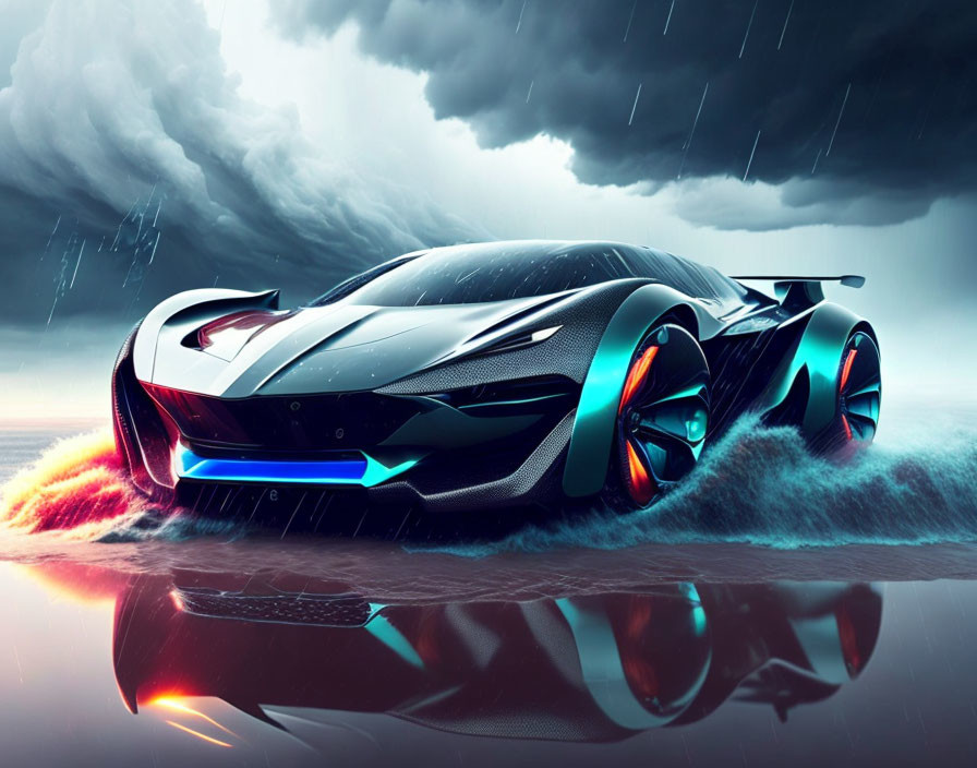 Glowing futuristic sports car speeds on wet surface in stormy backdrop