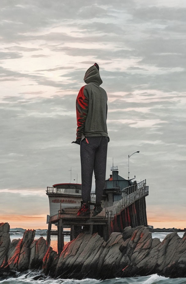 Person in hoodie on rocky structure by sea at dusk with pastel sky