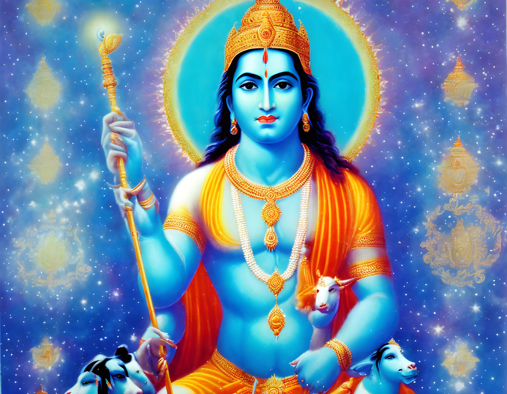 Blue-skinned deity with four arms holding divine symbols in vibrant illustration