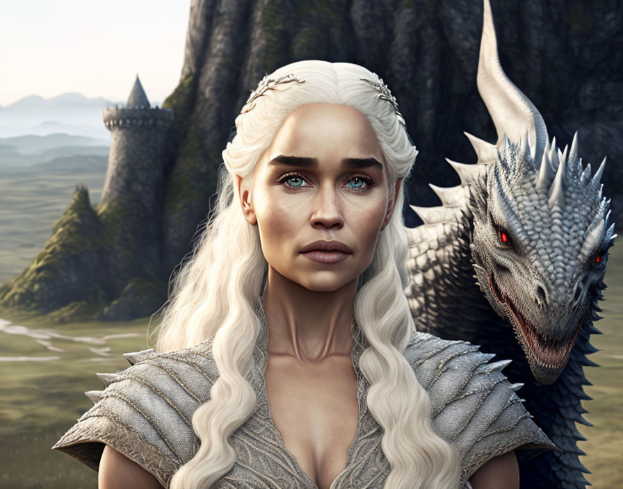 Pale-skinned woman with white-blond hair and dragon in green plains.