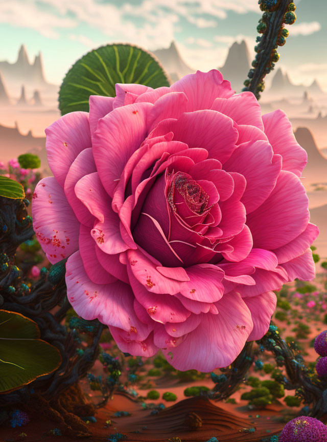Detailed Pink Rose Against Surreal Alien Landscape