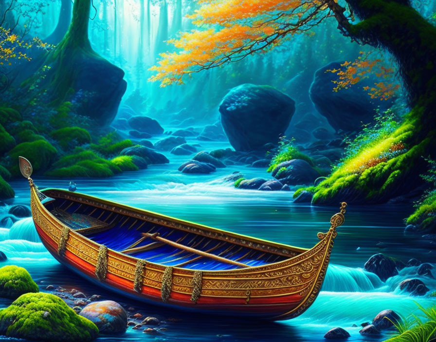 Detailed digital artwork: Ornate wooden boat in mystical forest with flowing stream, lush greenery, and