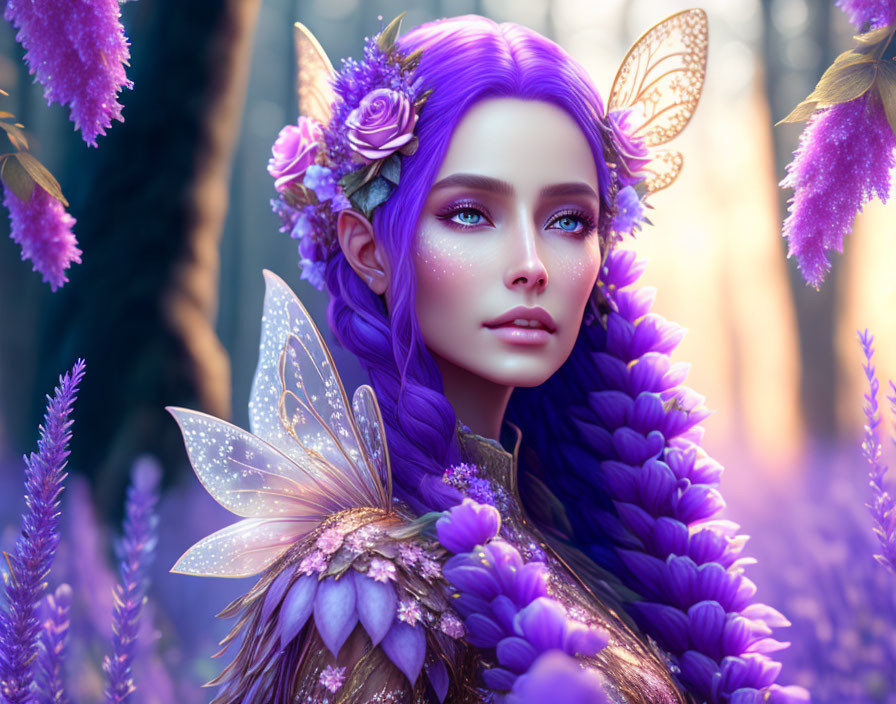 Female Elf Portrait with Purple Hair, Butterfly Wings, and Floral Accents in Enchanted Forest