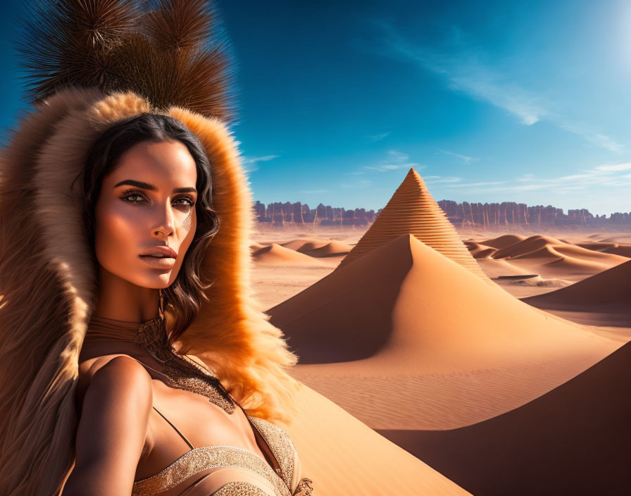 Ornately dressed woman in fur-lined hood in desert landscape with pyramids