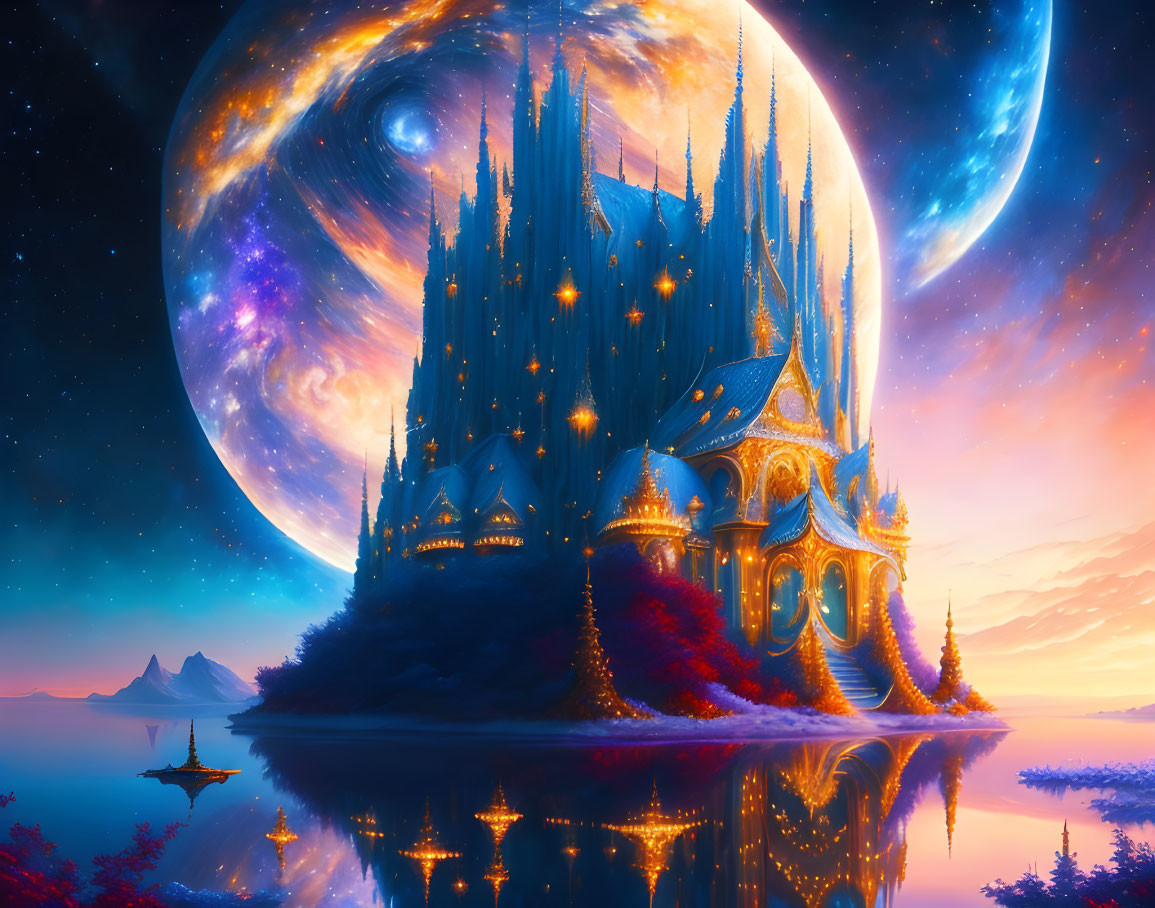 Fantastical castle with spires reflected in water under giant planet and cosmic sky at twilight