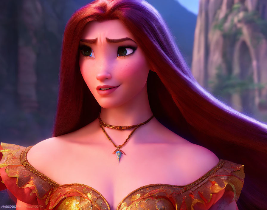 Detailed 3D animated female character with long red hair and gold dress, displaying a concerned expression