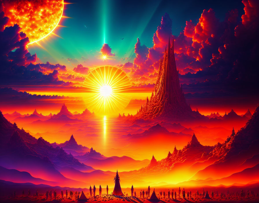 Majestic fantasy landscape with towering spire, dual suns, and silhouetted figures