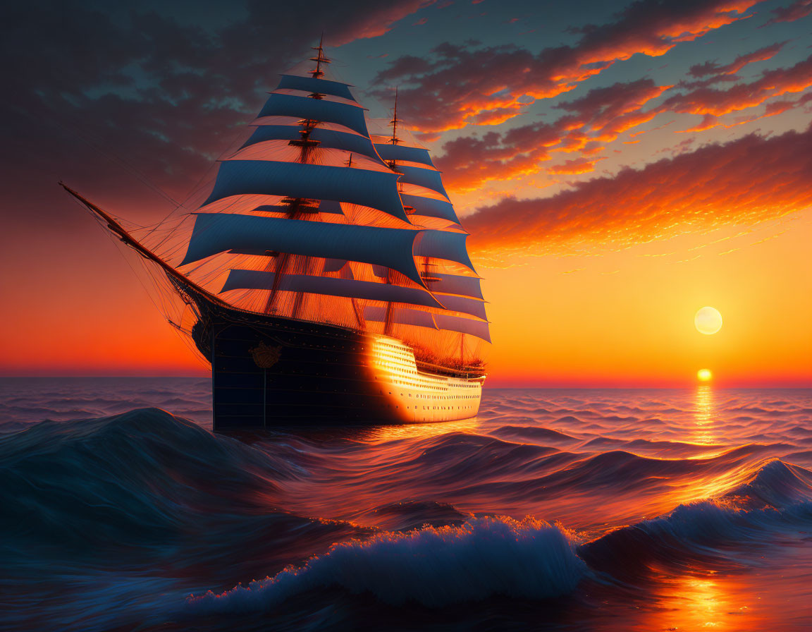 Tall ship with white sails on ocean at sunset