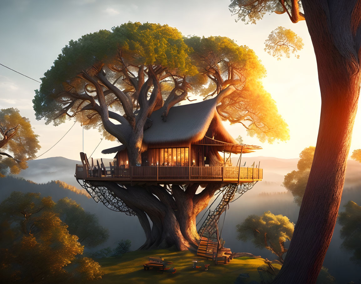 Intricate Design Treehouse in Sunlit Forest