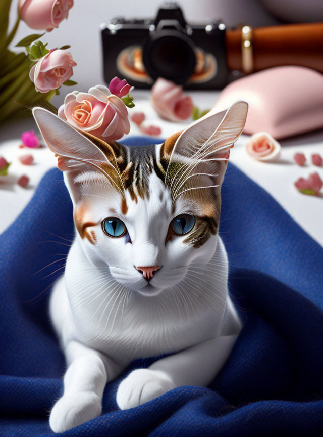 White Cat with Blue Eyes and Brown Markings on Blue Fabric with Roses, Camera, and Purse